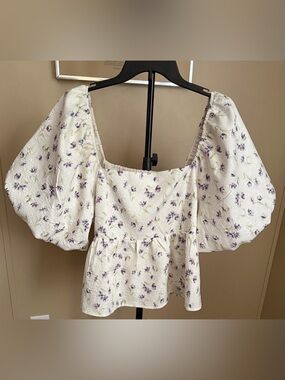 Hyacinth House Puff Sleeve Smocked-Back  Floral Peplum Babydoll Top Size XL